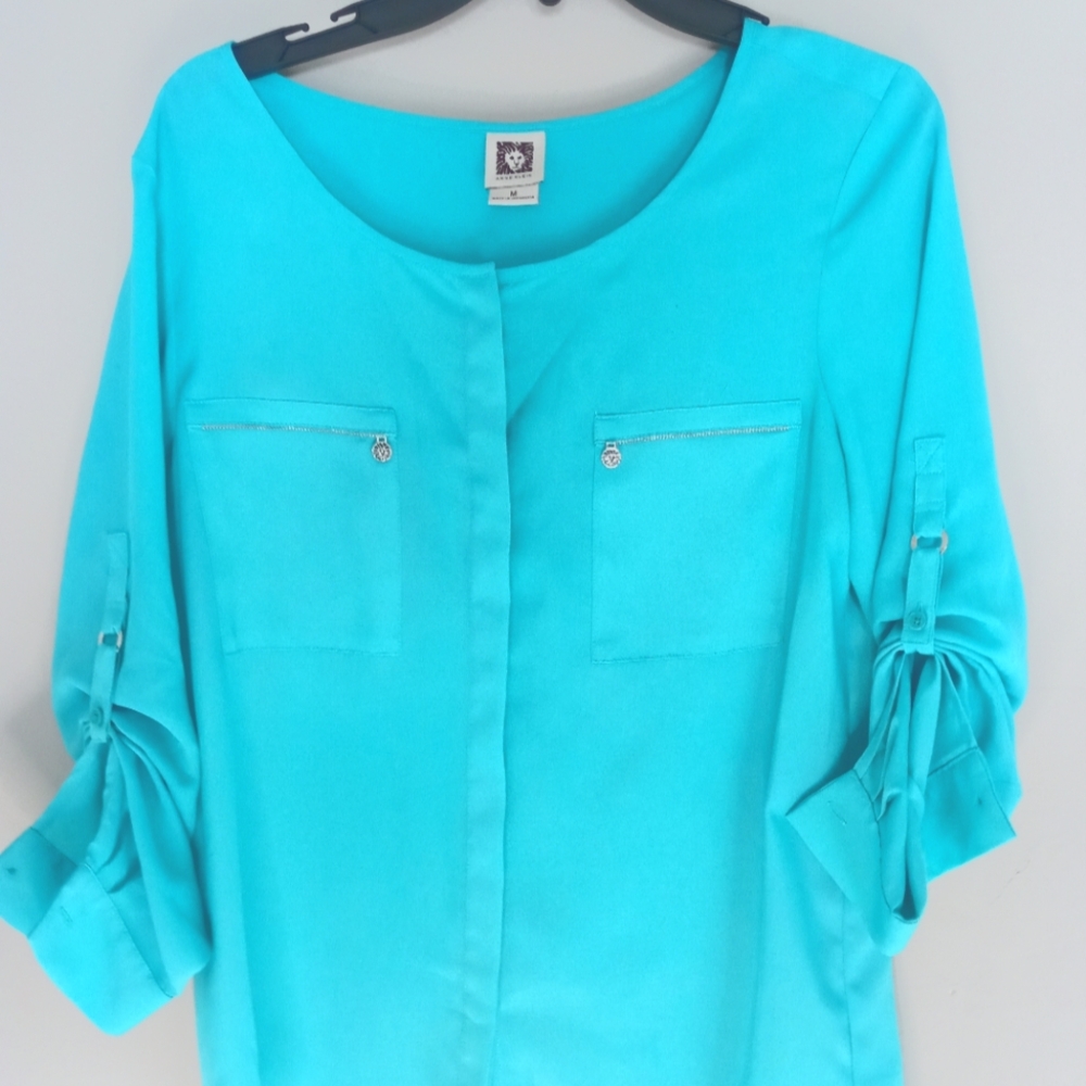 ANNE KLEIN Blue Long Sleeve Blouse Top